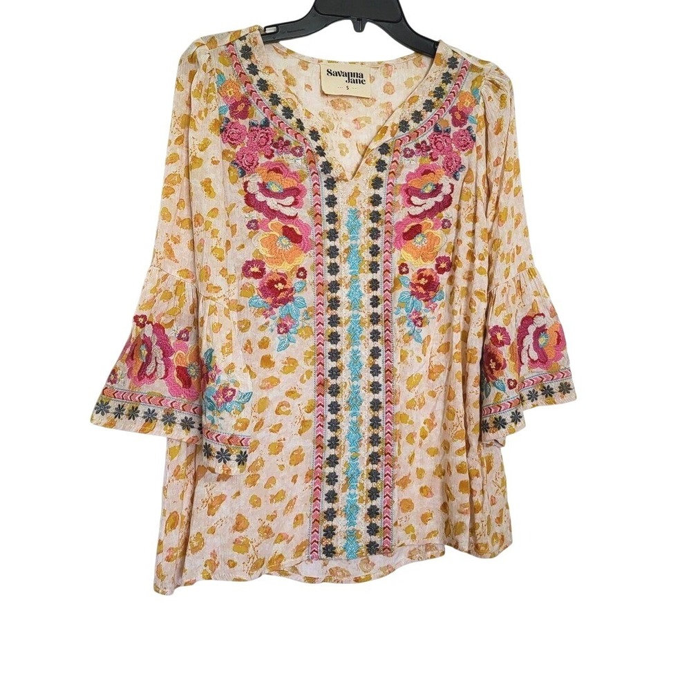 Savanna Jane Women Leopard Print 3/4 Sleeve Embroidered‎ Floral Top Small NWOT